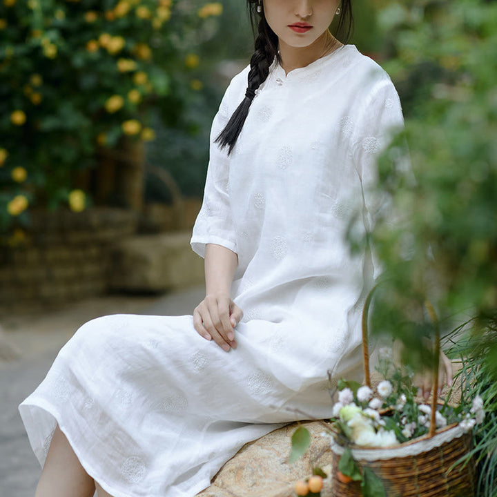 Buddha-Steine, Löwenzahn-Blumenstickerei, Halbarm, Ramie-Leinen, chinesisches Cheongsam-Midikleid mit Taschen