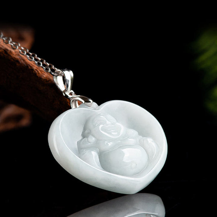 Buddha Stones 925 Sterling Silber Lachender Buddha Weiß Jade Glückssegen Halskettenanhänger - image 3