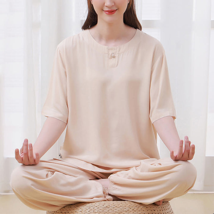 Buddha Stones 2-teiliges T-Shirt mit halben Ärmeln und Hose, Meditation, Zen, Tai Chi, Baumwolle, Leinen, Unisex-Kleidung