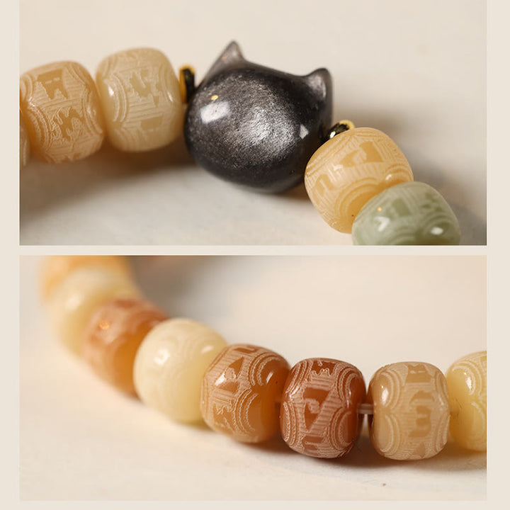 Buddha Stones Bodhi Seed Silber glänzendes Obsidian-Katzenkopf-Armband mit Om Mani Padme Hum-Gravur für Harmonie - image 4