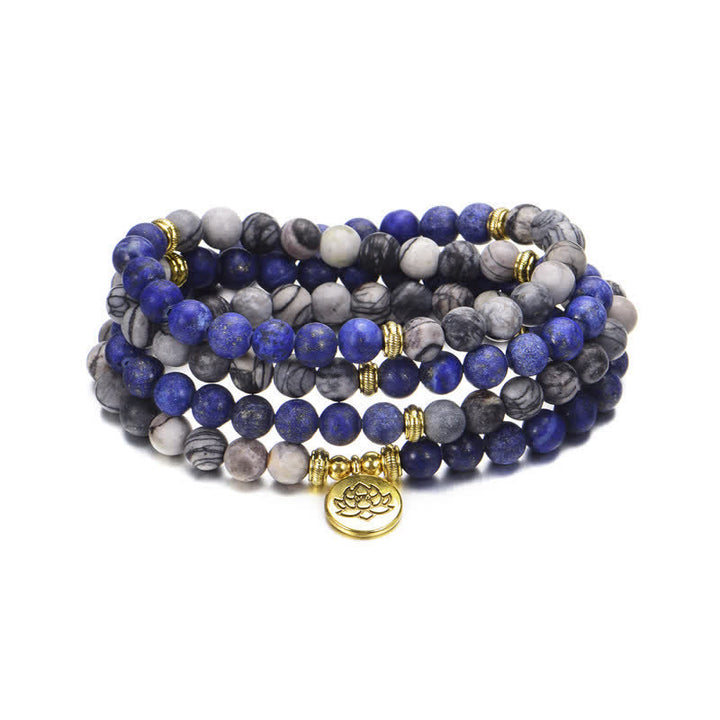 Buddha Stones, Lapislazuli, Picasso-Jaspis, Amazonit, Rhodonit, Apatit, Lotus-Gebetsperlen-Armband - image 4