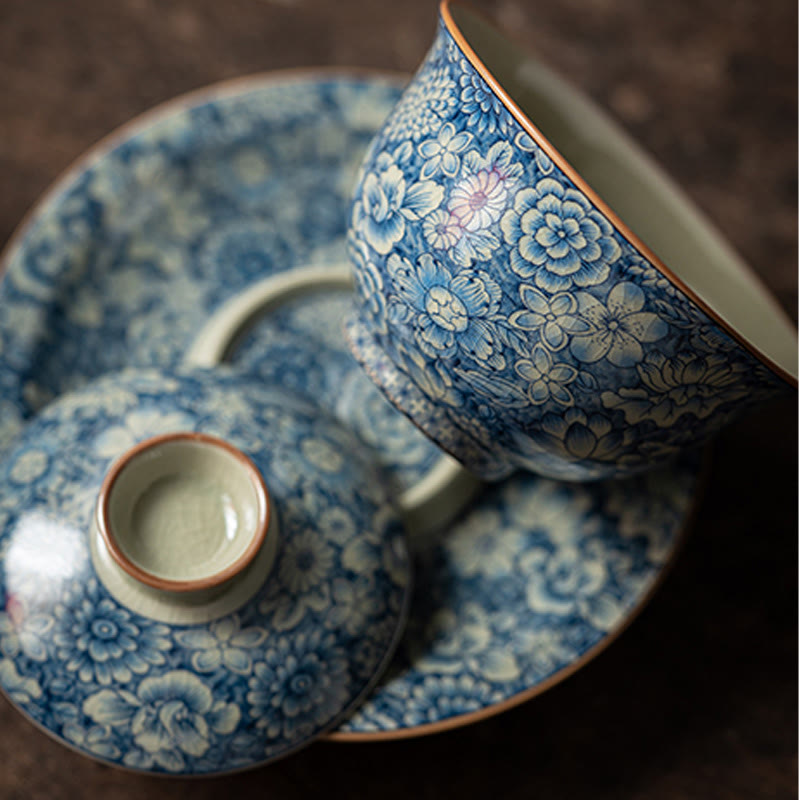 Buddha Stones Vintage Blaues und Weiß Porzellan Pfirsichblüte Lotus Pfingstrose Keramik Gaiwan Sancai Teetasse Kung Fu Teetasse und Untertasse mit Deckel - image 5