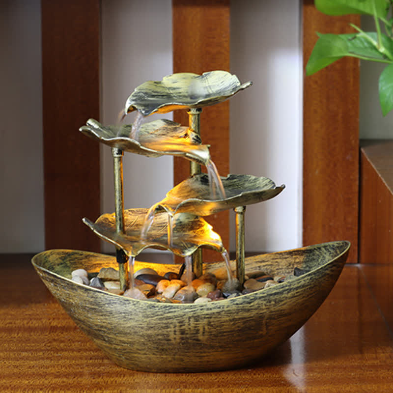 Buddha Stones, Lotusblatt-förmiger Wasserfall-Brunnen, Tischornamente mit LED-Licht, Heimbüro-Desktop-Dekoration