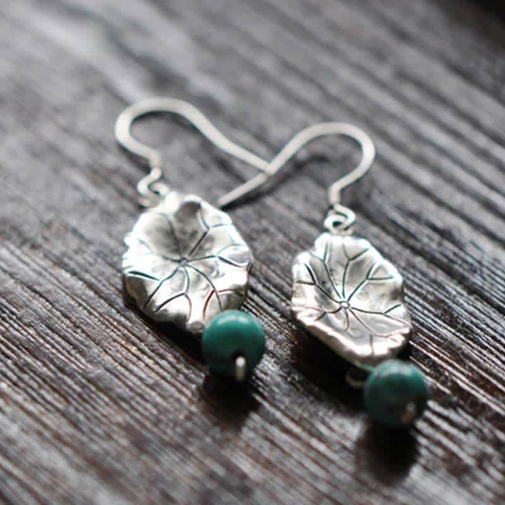925 Sterling Silber Türkis Lotusblatt Schutz Tropfen Ohrhänger - image 8