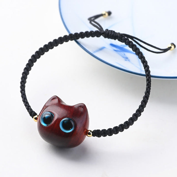 Buddha Stones, kleines Blatt, rotes Sandelholz, Ebenholz, süßer Katzenkopf, ruhiger Schutz, geflochtenes Armband - Kleines Blatt aus rotem Sandelholz (hält böse Geister fern ♥ Schutz) (Handgelenkumfang 14–16 cm) - image 1