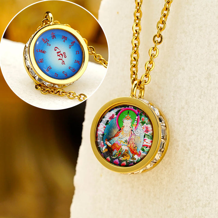 Buddha Stones, tibetischer gelber Gott des Reichtums, grüne Tara-Buddha-Gelassenheit, Halskettenanhänger aus Titanstahl - Vorderes Padmasambhava Bodhisattva-Rücken-Mantra - image 12