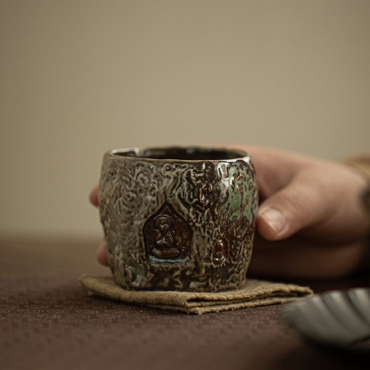 Buddha Stones Vintage-Teetasse in Dunhuang-Farbe, Buddha-Gravur, Kung-Fu-Teetasse