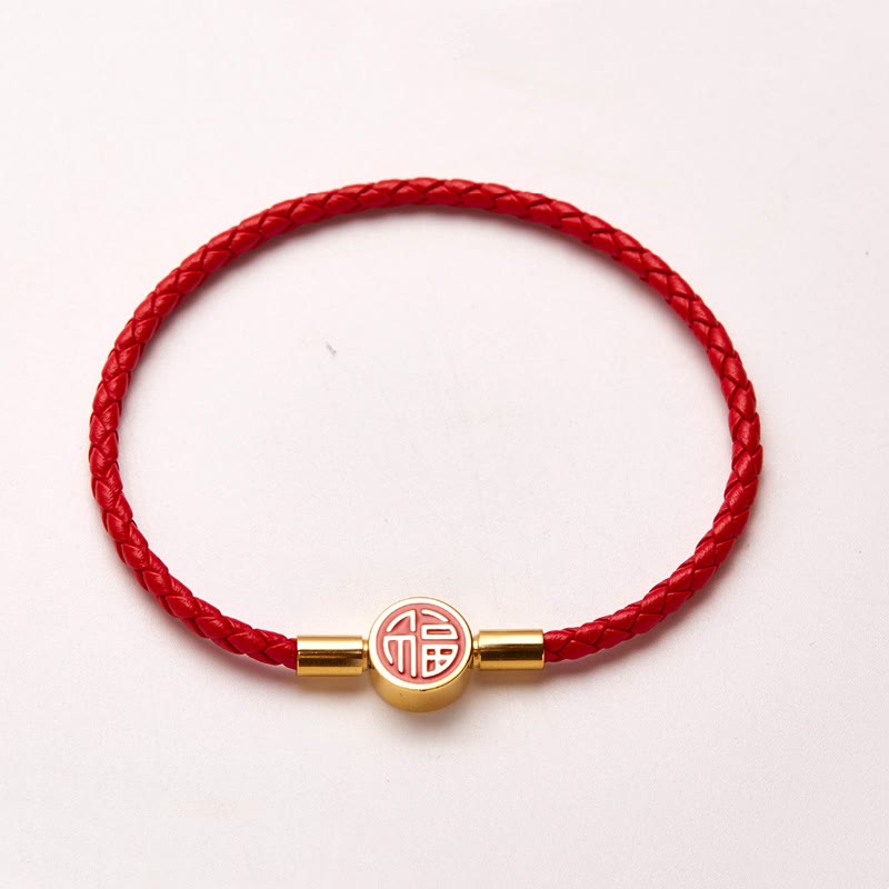 Buddha Stones Fu Charakter Blessing Fortune Lederarmband mit Schnalle