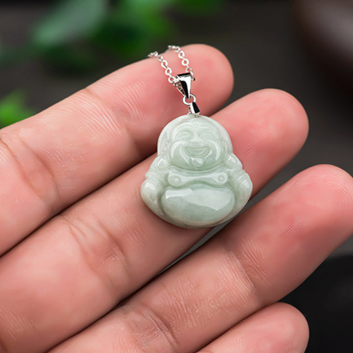 Buddha Stones 925 Sterling Silber Lachender Buddha Jade Segen Halskette Kettenanhänger