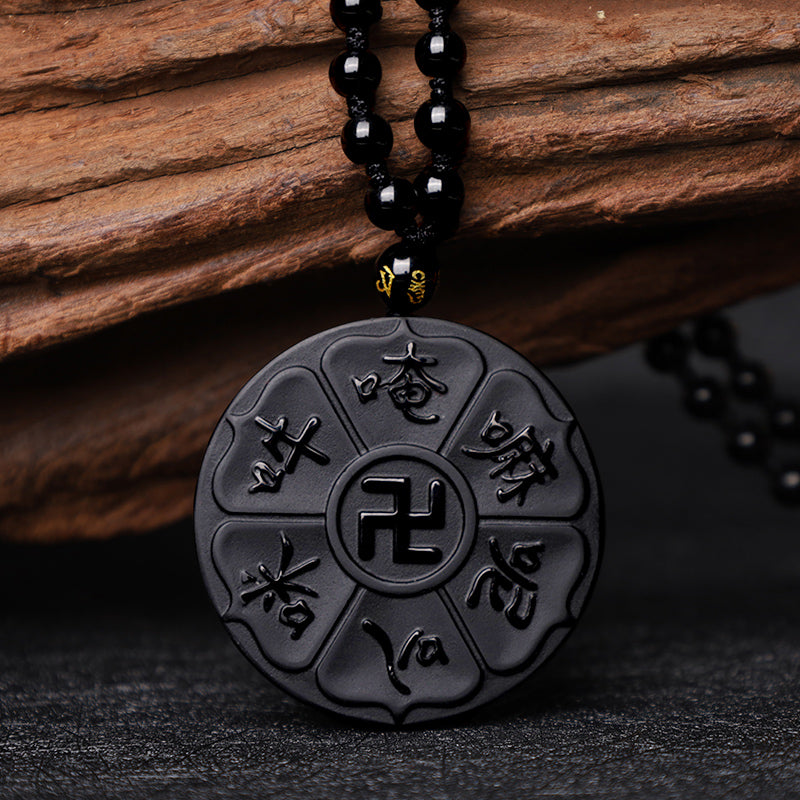 Buddha Stones Halskette, natürlicher schwarzer Obsidian, tibetisches Om Mani Padme Hum Buddha Hakenkreuz, Glück