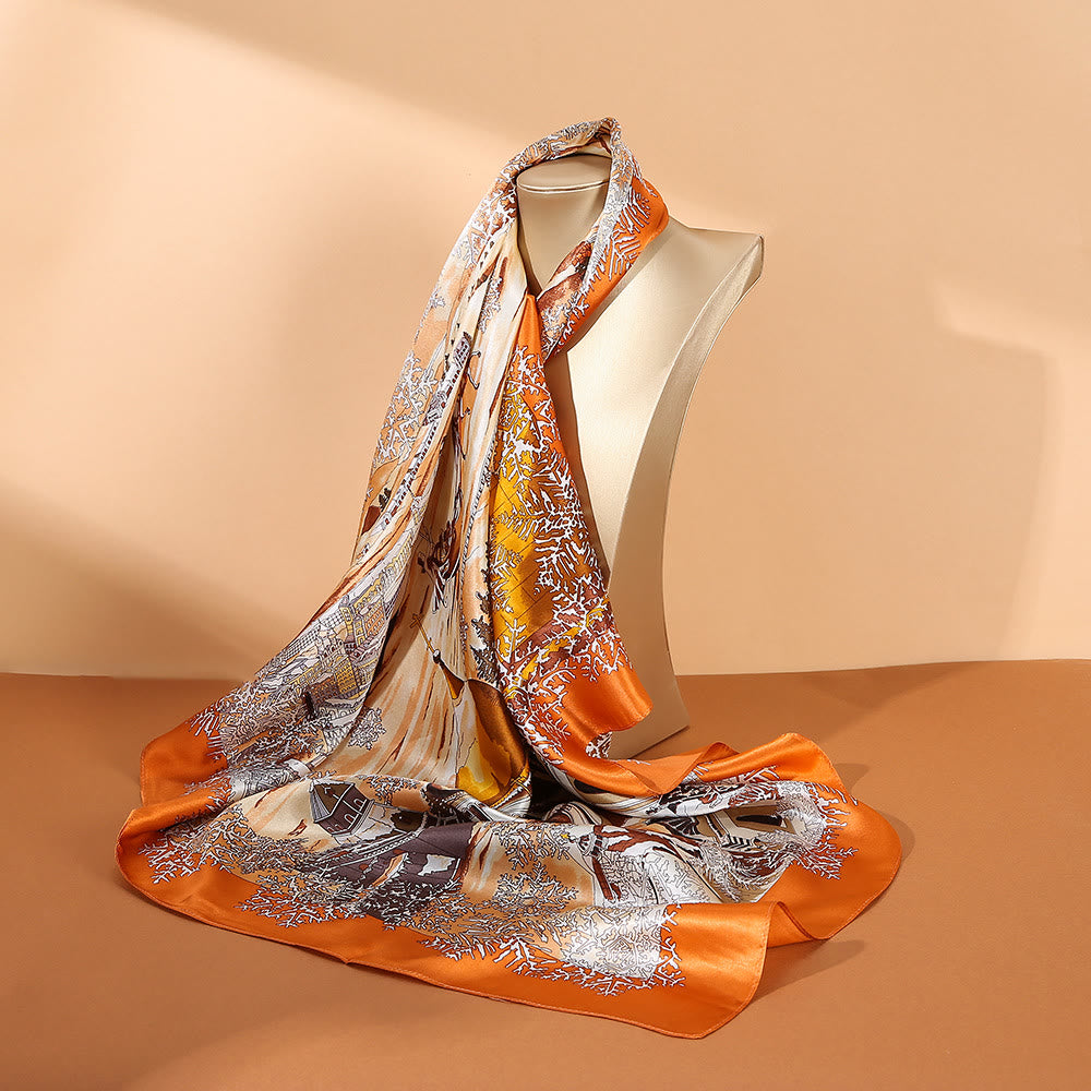 Buddha Stones ​​Ölgemälde Stadt Schnee Szene Schloss Lotus 100 % Maulbeerseide Halshaarschal - Schneeszene in Orange City - image 7