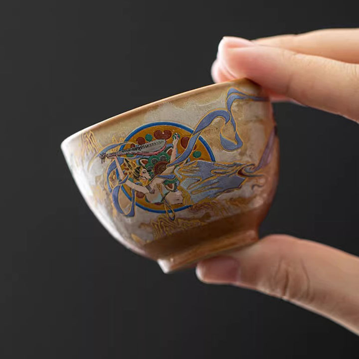 Buddha Stones Dunhuang Flying Apsaras Gaiwan Sancai Teetasse aus Keramik, Kung Fu Teetasse mit Deckel