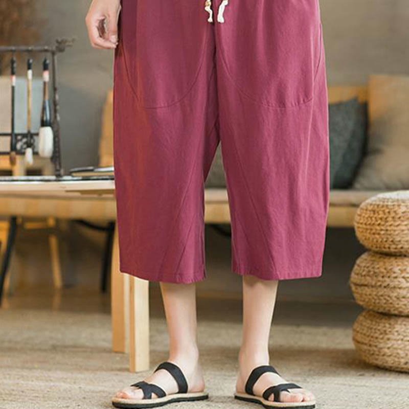 Buddha Stones - Einfarbige mittellange Herrenhose aus Leinen mit weitem Bein und Taschen