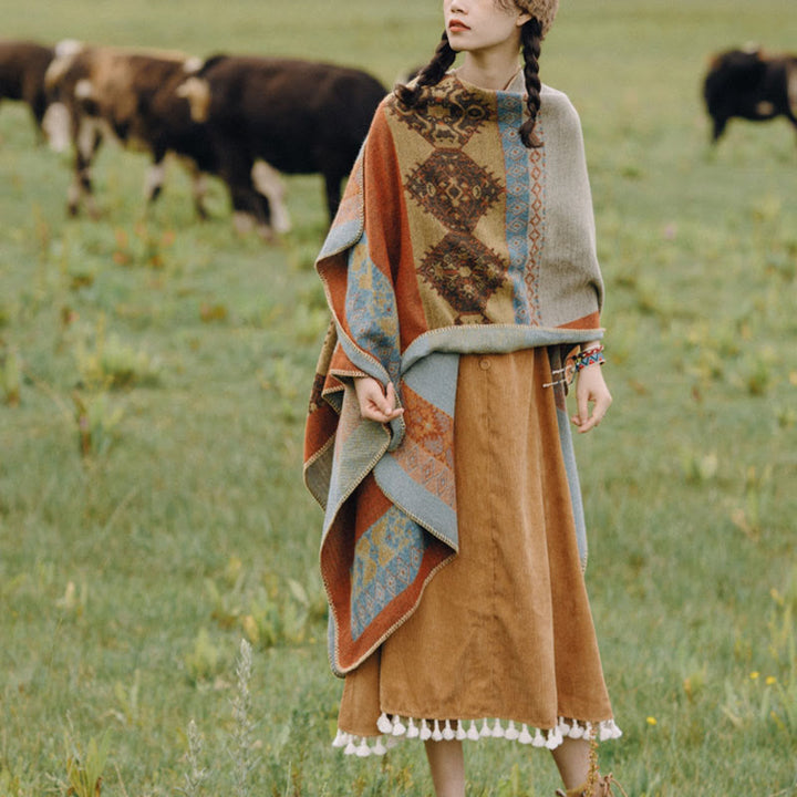 Tibetischer Schal mit Buddha Stonesn, Rautenmuster, warmer Wintermantel - image 4