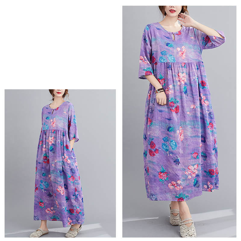 Midikleid mit Buddha-Steinen und Blumen-Print, Tunikakleid aus Baumwolle und Leinen mit Taschen