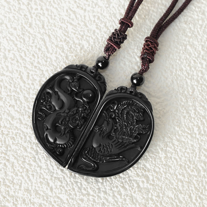 Buddha Stones Schwarzer Obsidian Liebe Drache Phönix Schutz Halskette Anhänger - image 6