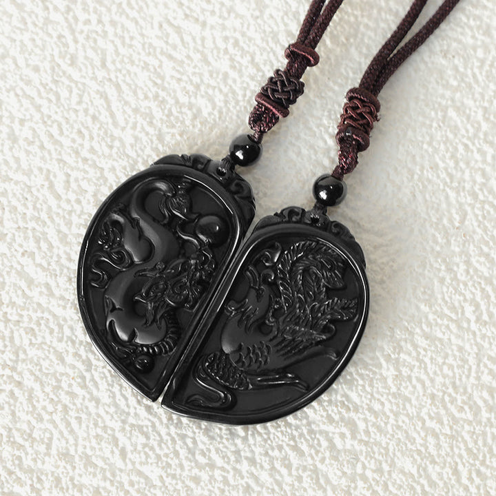 Buddha Stones Schwarzer Obsidian Liebe Drache Phönix Schutz Halskette Anhänger - image 6