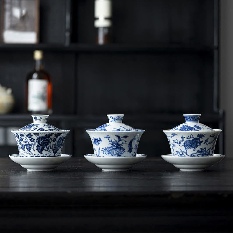 Buddha Stones, blaues und Weiß Porzellan, Lotus-Koi-Fisch, Löwentanz, Wassermelone, Keramik, Gaiwan, Sancai, Teetasse, Kung-Fu-Teetasse und Untertasse mit Deckel, 300 ml - image 1