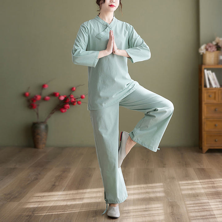 Buddha Stones 2-teiliges Langarm-Shirt mit V-Ausschnitt, Oberteil und Hose, Meditation, Zen, Tai Chi, Baumwoll-Leinen-Kleidung für Damen