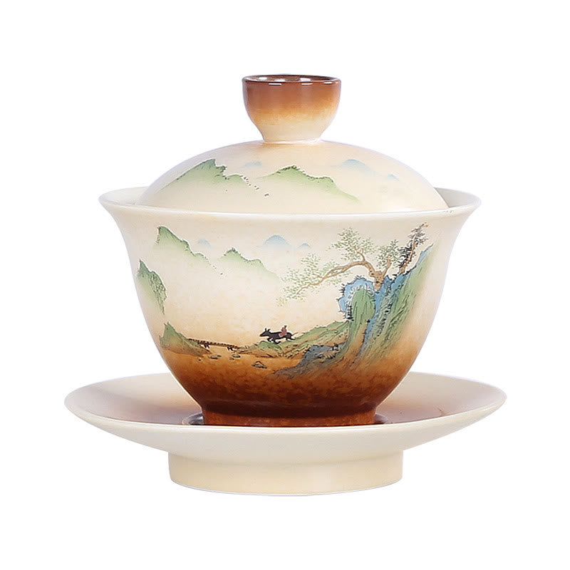 Buddha Stones Berglandschaft Landschaft Keramik Gaiwan Sancai Teetasse Kung Fu Teetasse und Untertasse mit Deckel