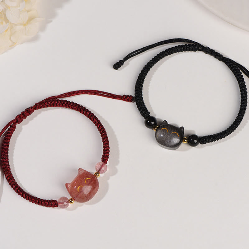 Buddha Stones Handgefertigtes, natürliches, silberglänzendes Obsidian-Erdbeerquarz-Armband mit niedlichem Katzenschutz - image 2