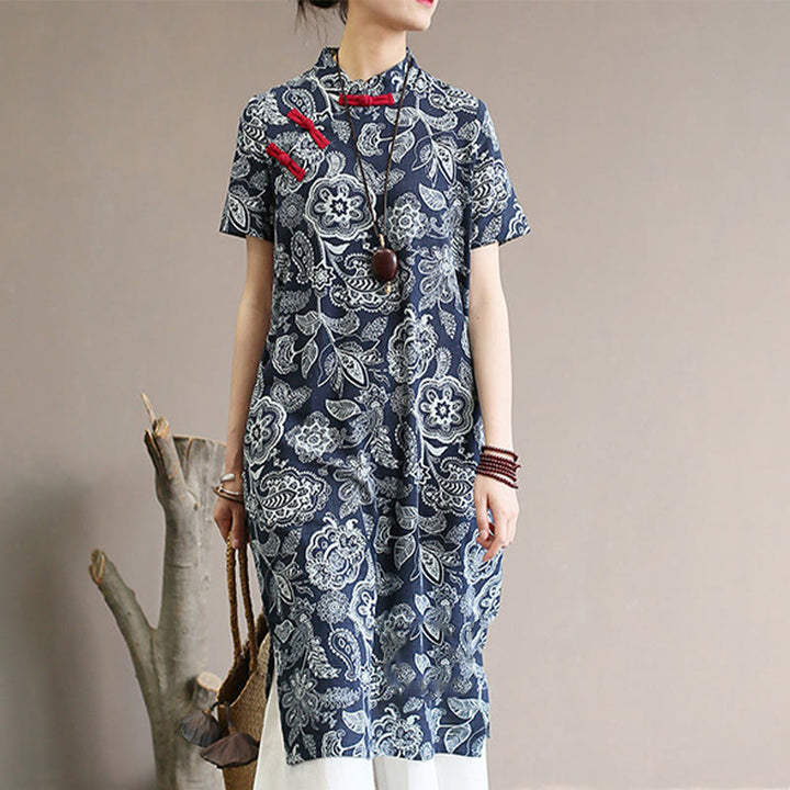 Buddha Stones Blau- Weiß Blume Froschknopf Cheongsam Kleider Kurzarm Leinenkleider mit Taschen