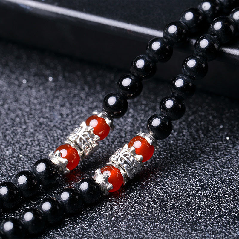 Buddha Stones 108 Perlen natürliches schwarzes Obsidian-Tigerauge-Mala-Armband