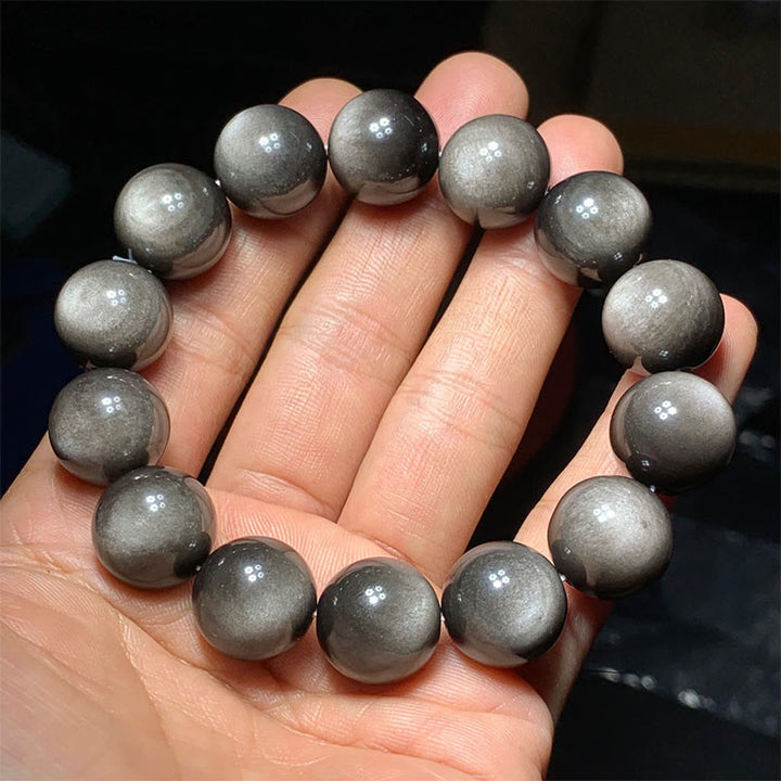 Buddha Stones Natürliches Obsidian-Armband mit silbernem Glanz und beruhigendem Schutz