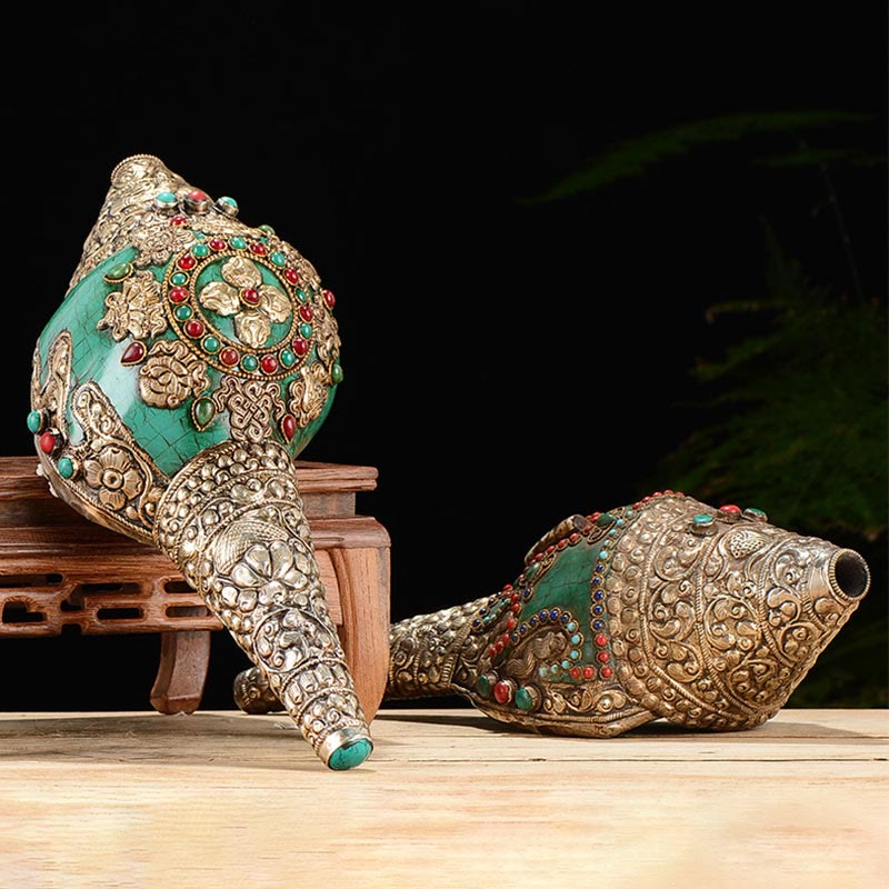 Tibetische handgefertigte gravierte Shankha Doppel-Dorje-Buddha-Muschelmuschel, Reichtum, positive Dekoration - image 0