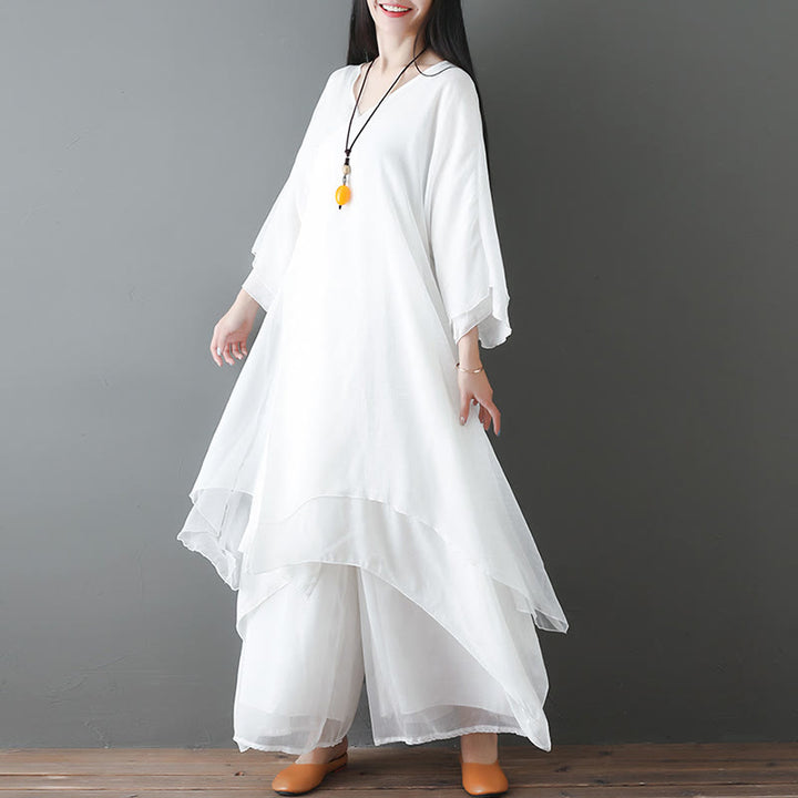 Buddha Stones V-Ausschnitt Midi-Tunika-Kleid Hose mit weitem Bein Meditation Zen Praxis Tanzkleidung