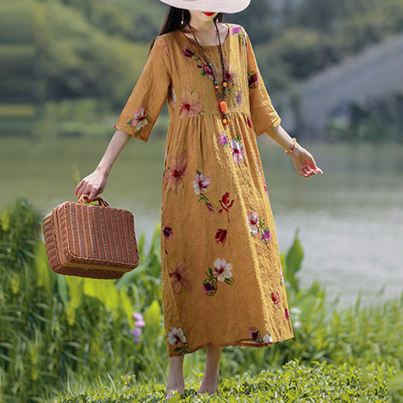 Midikleid mit Buddha-Steinen und Blumen-Print, Tunikakleid aus Baumwolle und Leinen mit Taschen