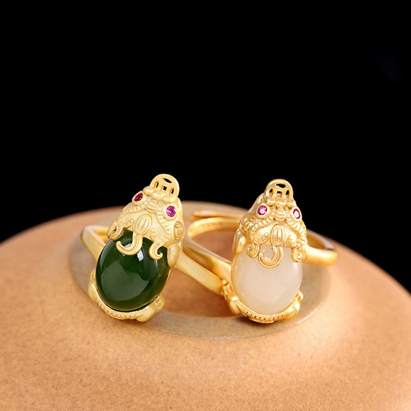 Buddha Stones 18 Karat vergoldeter Pixiu-Jade-Reichtumsring