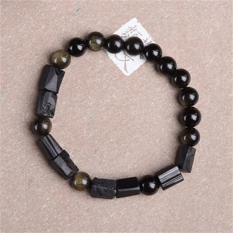 Buddha Stones Reichtumsarmband mit Obsidian und schwarzem Turmalin in Goldglanz
