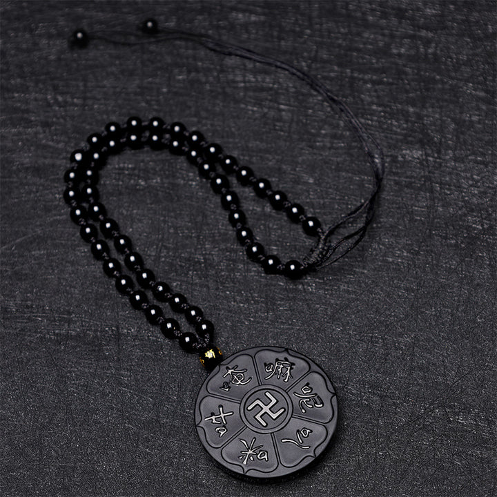 Buddha Stones Halskette, natürlicher schwarzer Obsidian, tibetisches Om Mani Padme Hum Buddha Hakenkreuz, Glück