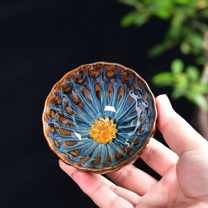 Teetasse aus Keramik mit Buddha Stones , Lotus, Pfau, Drache, Phönix, Koi-Fisch, eingelegte Teetassen, 120 ml - Gold - Lotus - image 0