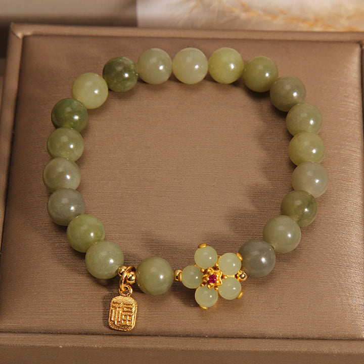 Buddha-Steine, grüne Jade, Blume, Fu-Charm, Glücksarmband