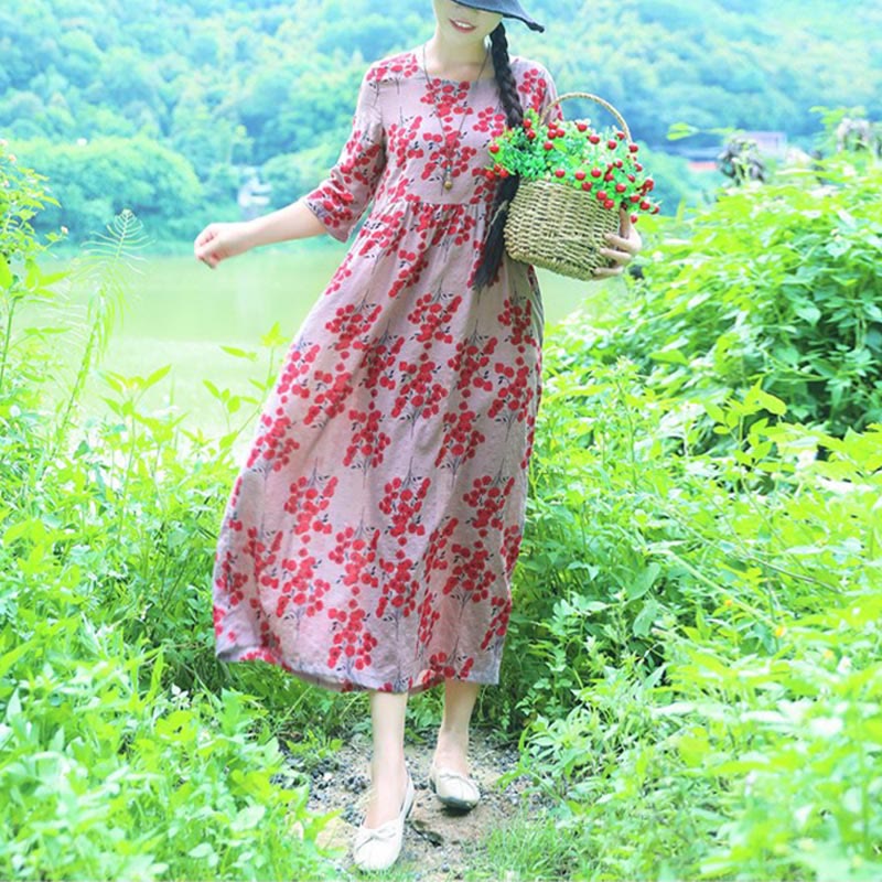 Midikleid mit Buddha-Steinen und Blumen-Print, Tunikakleid aus Baumwolle und Leinen mit Taschen