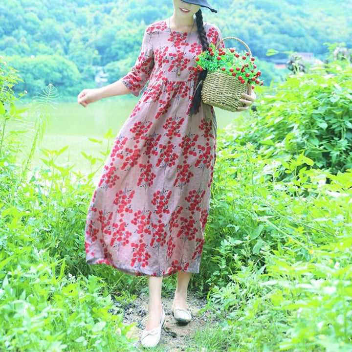 Midikleid mit Buddha-Steinen und Blumen-Print, Tunikakleid aus Baumwolle und Leinen mit Taschen