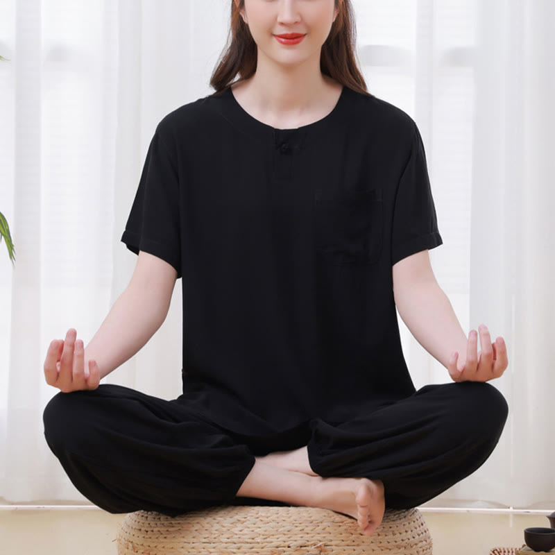 Buddha Stones 2-teiliges T-Shirt mit halben Ärmeln und Hose, Meditation, Zen, Tai Chi, Baumwolle, Leinen, Unisex-Kleidung