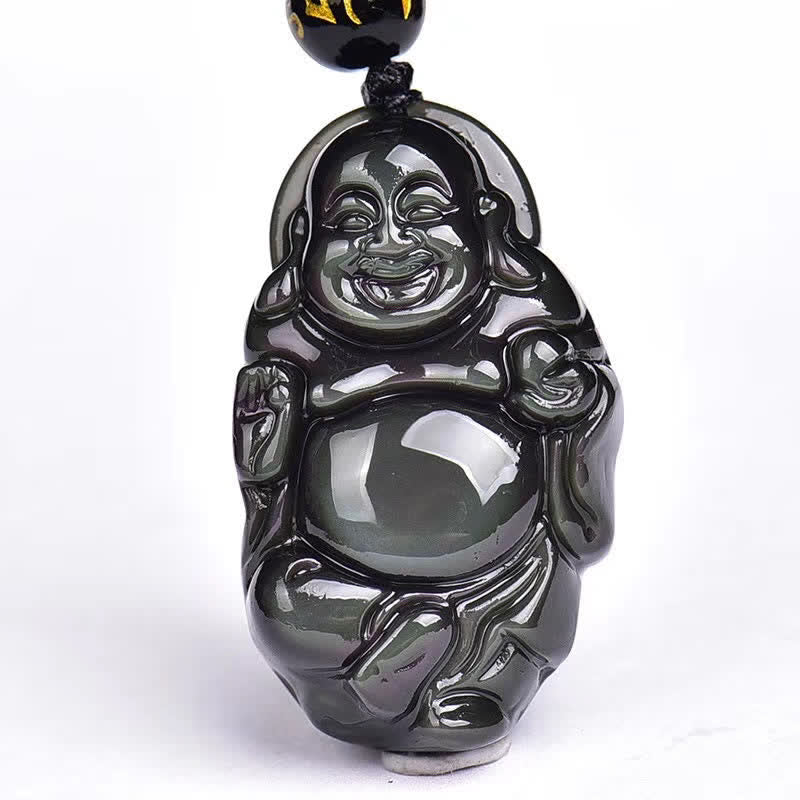 Halskettenanhänger mit natürlichem Regenbogen-Obsidian, lachender Buddha, innerer Frieden