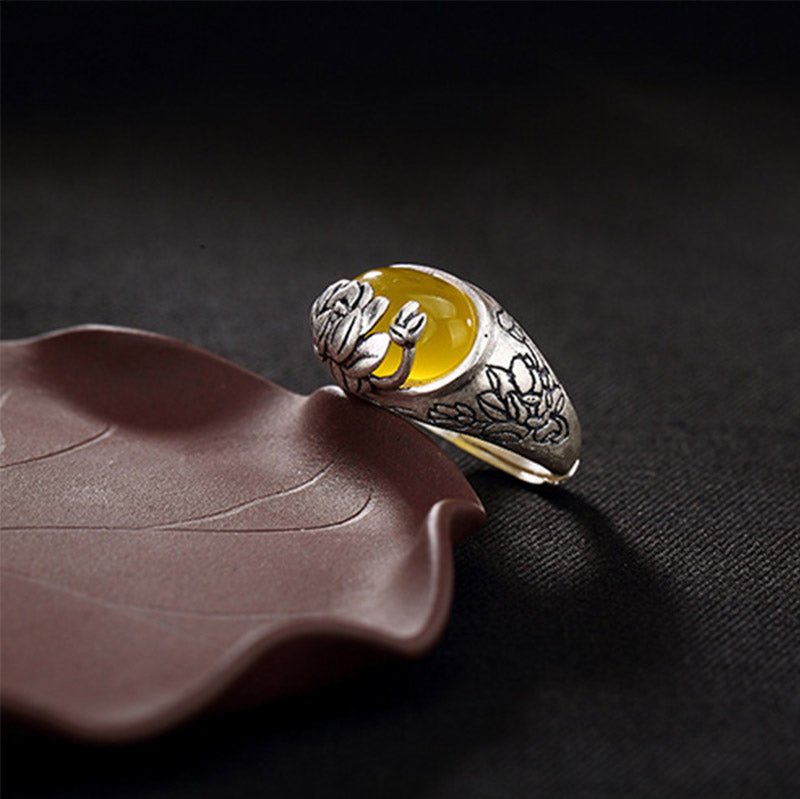 Buddha Stones Citrin Lotus Segen Schutz verstellbarer Ring