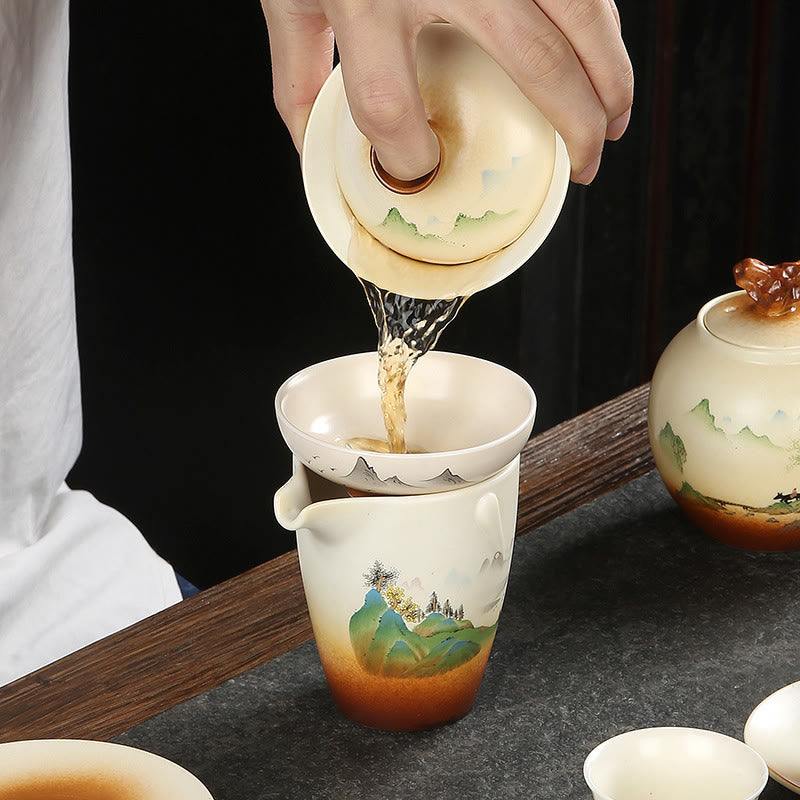 Buddha Stones Berglandschaft Landschaft Keramik Gaiwan Sancai Teetasse Kung Fu Teetasse und Untertasse mit Deckel