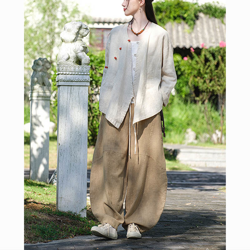 Buddha-Steine, einfarbig, Ramie-Leinen, lockere Bluse, Langarmshirt, chinesisches Hanfu-Oberteil