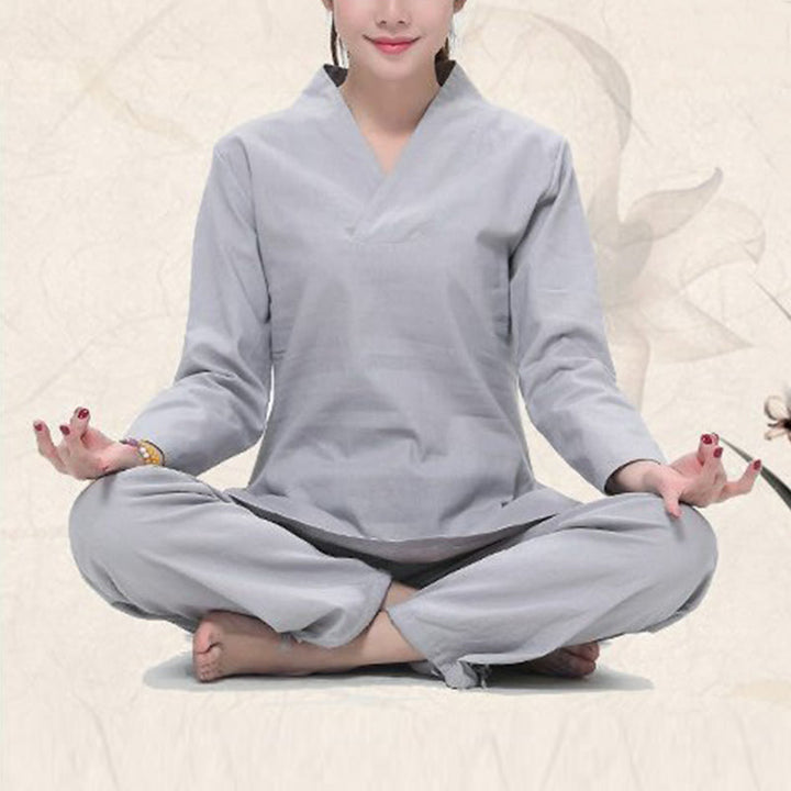 Buddha Stones Zen Praxis Yoga Meditation Gebet V-Ausschnitt Design Uniform Baumwolle Leinen Kleidung Damen Set