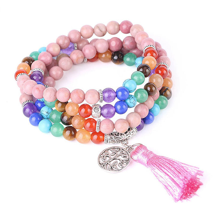 Buddha Stones 108 Mala Perlen Rhodonit Blauer Kristall Lazulit Heilarmband