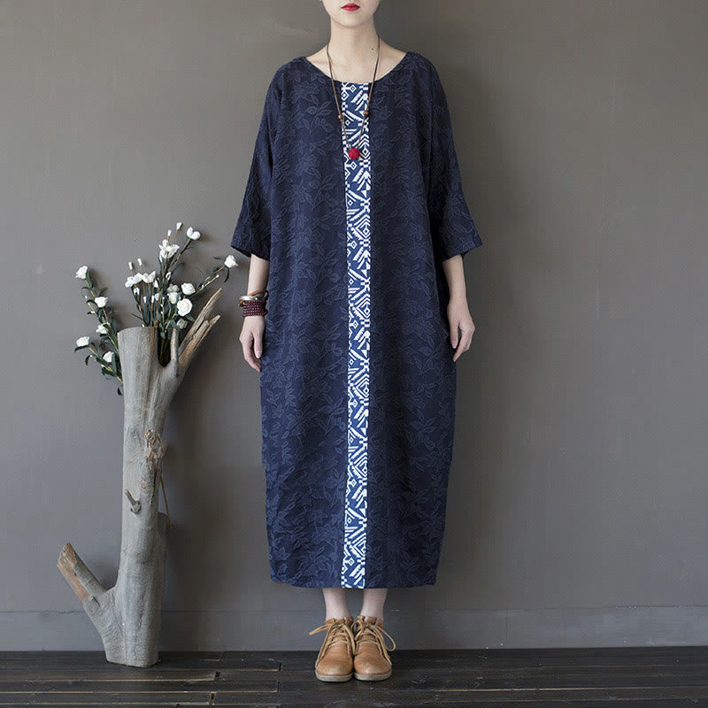 Buddha Stones – Jacquard-Midikleid mit Blumenstickerei, Blau, Dreiviertelärmeln, Baumwollkleid mit Taschen