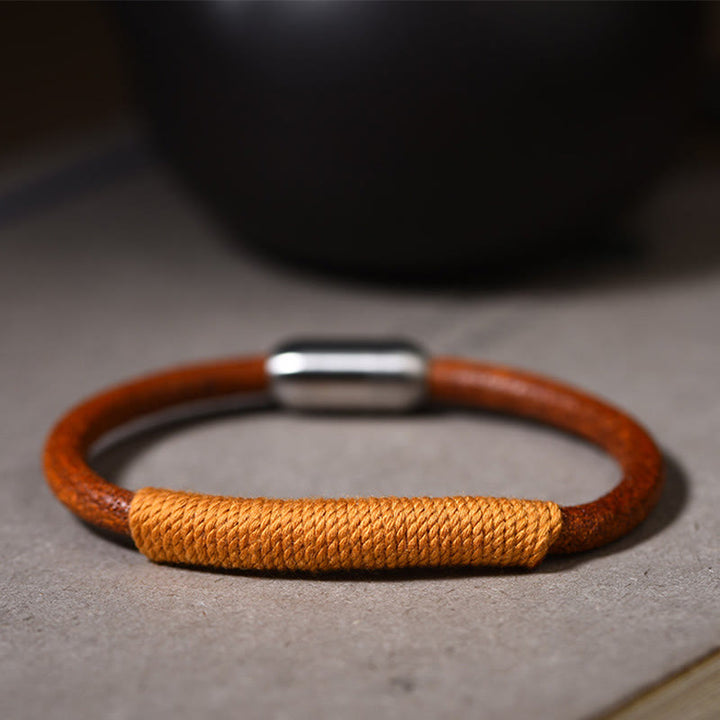 Armband mit Buddha Stonesn, tibetischem Leder, handgefertigt, fünf Elemente, Glücksgeflecht, Schnalle - Gelb (Erde) - 19 cm - image 11