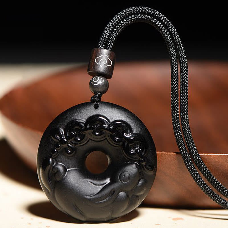 Buddha Stones, chinesisches Sternzeichen, natürlicher schwarzer Obsidian, Friedensschnalle, Stärke-Halsketten-Anhänger - Kaninchen - image 1