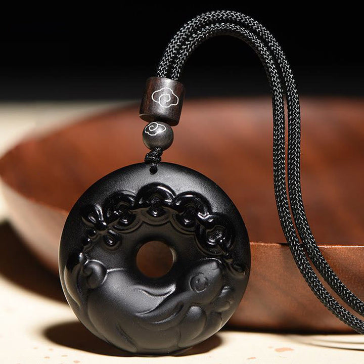 Buddha Stones, chinesisches Sternzeichen, natürlicher schwarzer Obsidian, Friedensschnalle, Stärke-Halsketten-Anhänger - Kaninchen - image 1