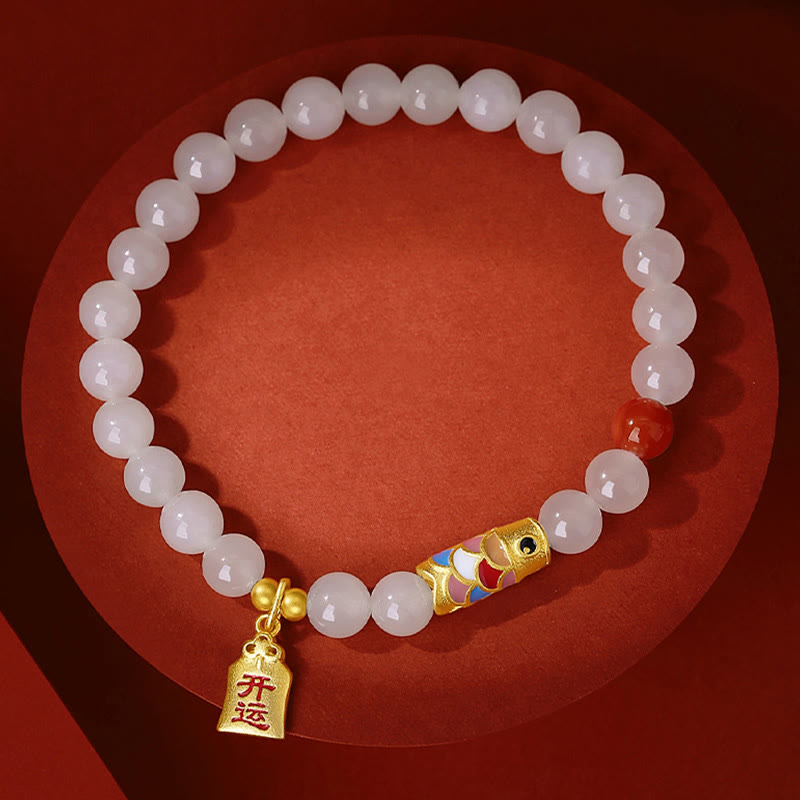 Buddha Stones 925 Sterling Silber Hetian Weiß Jade Roter Achat Koi Fisch Glück Glücksarmband - image 6